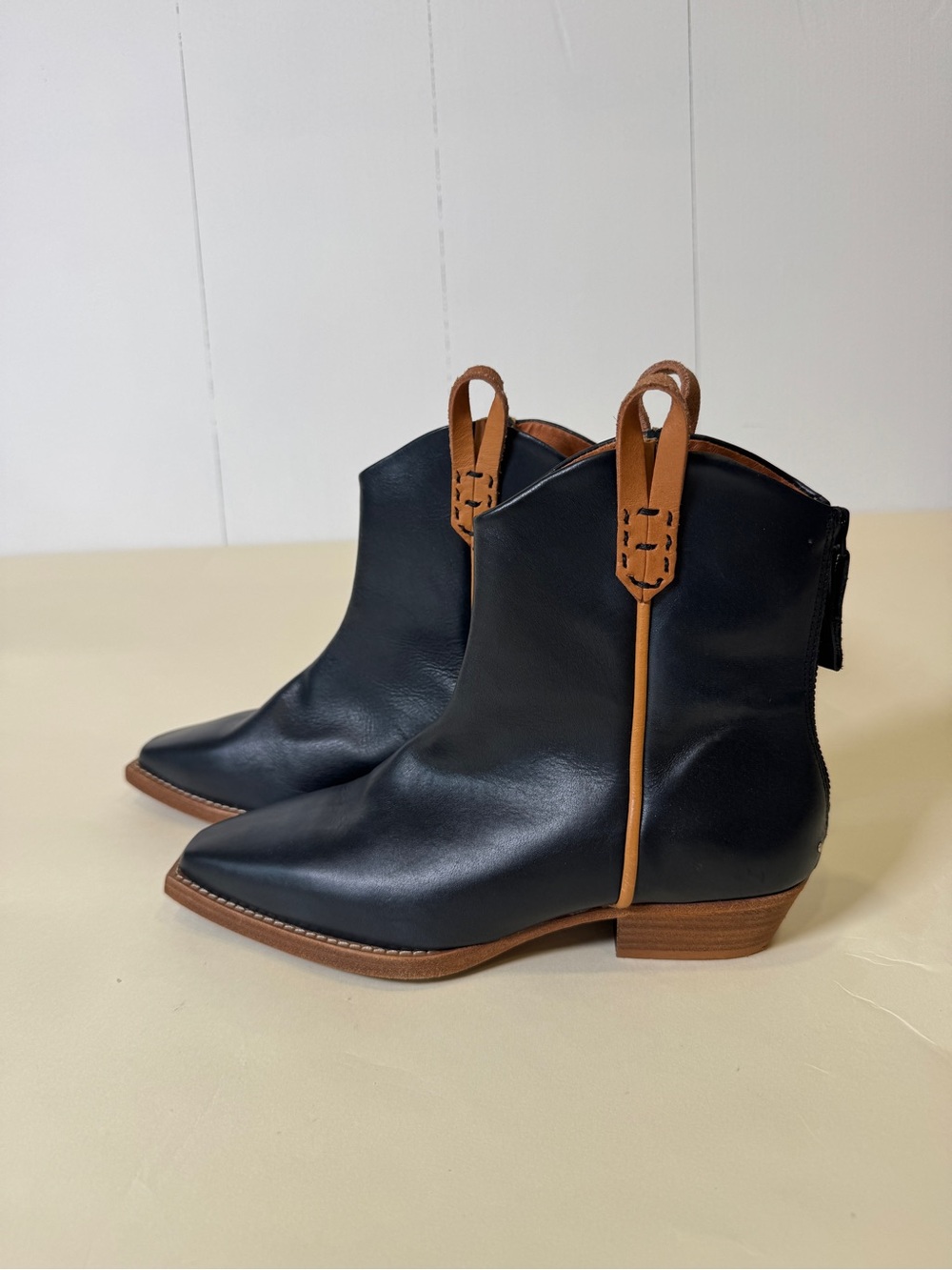 We The Free Black Leather Ankle Boots with Brown Trim